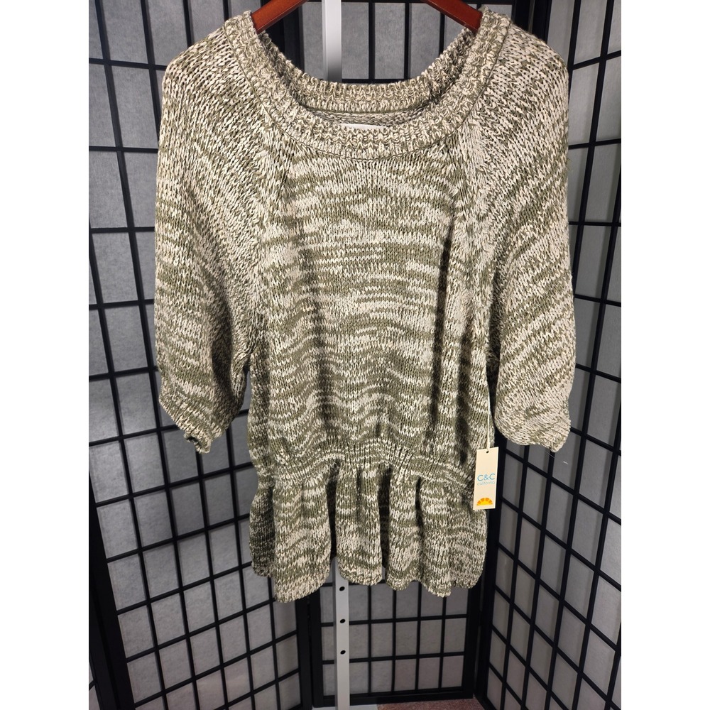 C&C California Womens Plus 1X Olive Green Cottagecore Peplum Knit Sweater New
